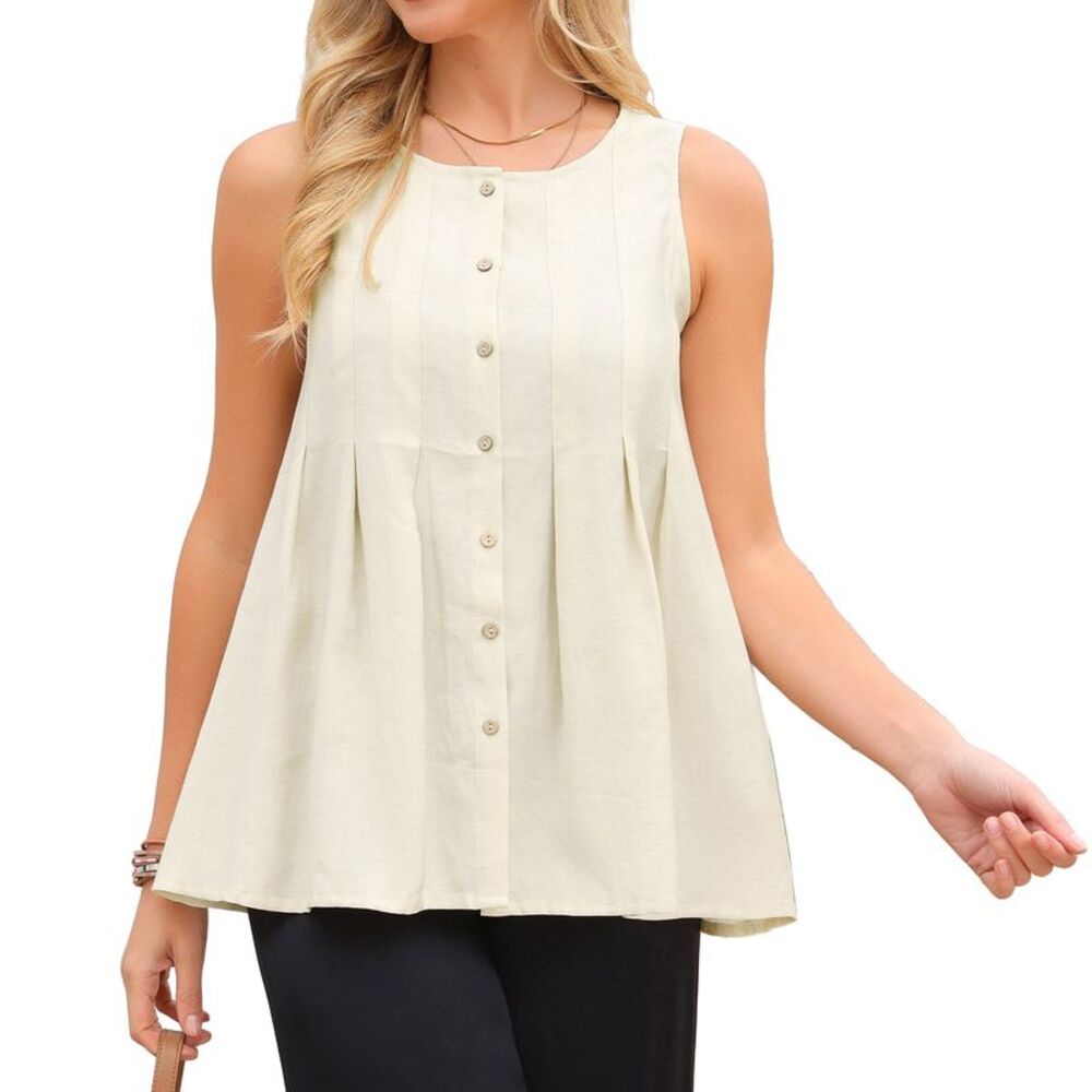 Women Casual Summer Linen Sleeveless Babydoll Peplum Blouse Beige